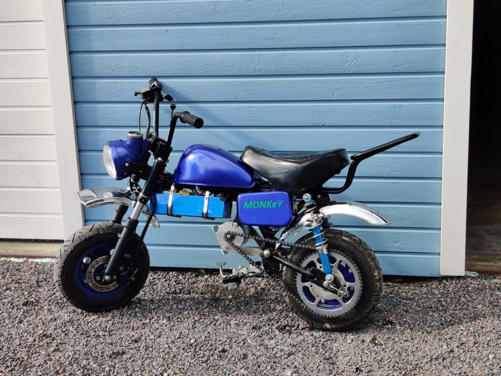 Article thumbnail, photo of blue electric Honda Monkey moped.